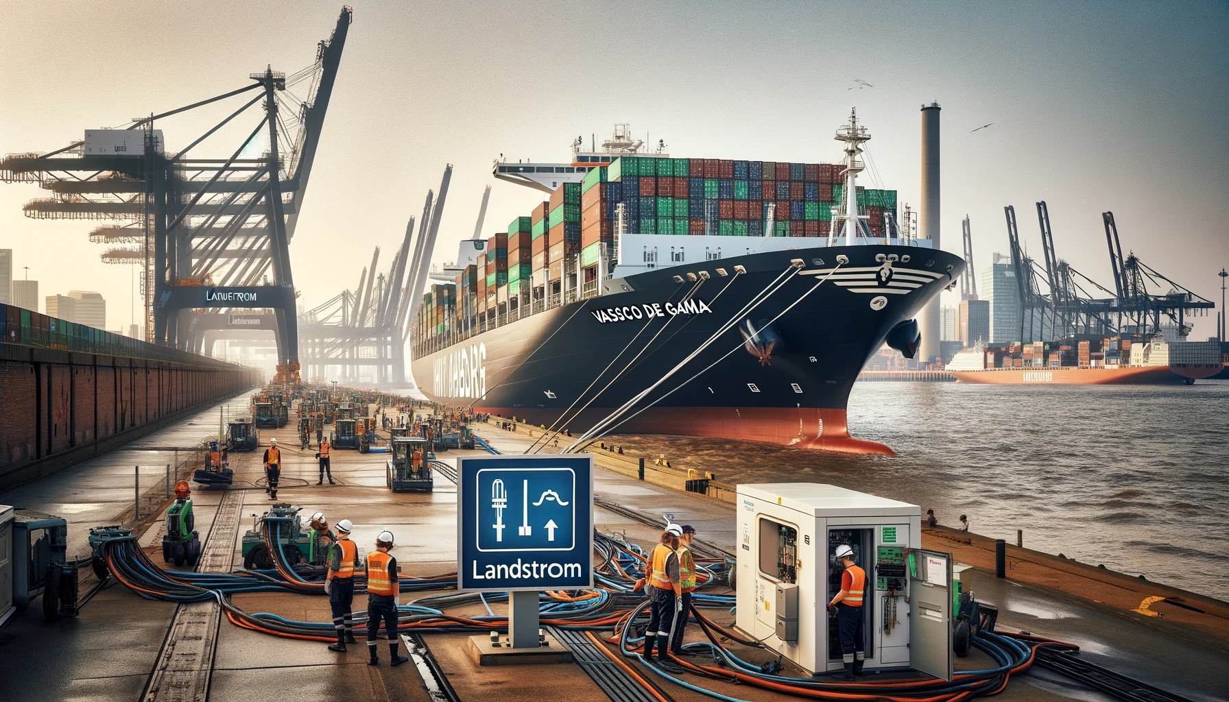 DALL·E 2024-05-14 11.33.17 – A large container ship named ‚Vasco de Gama‘ docked at the Port of Hamburg, connected to a shore power supply. Workers are seen managing the connectio