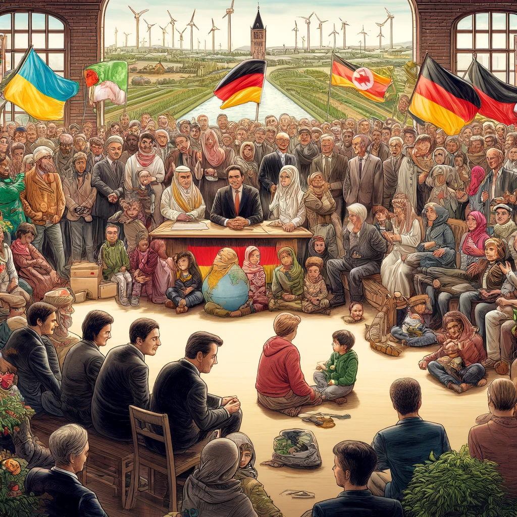 DALL·E 2024-05-23 12.55.27 – A detailed, visually engaging illustration of a diverse group of people representing multiple nationalities, including individuals from Ukraine, Syria