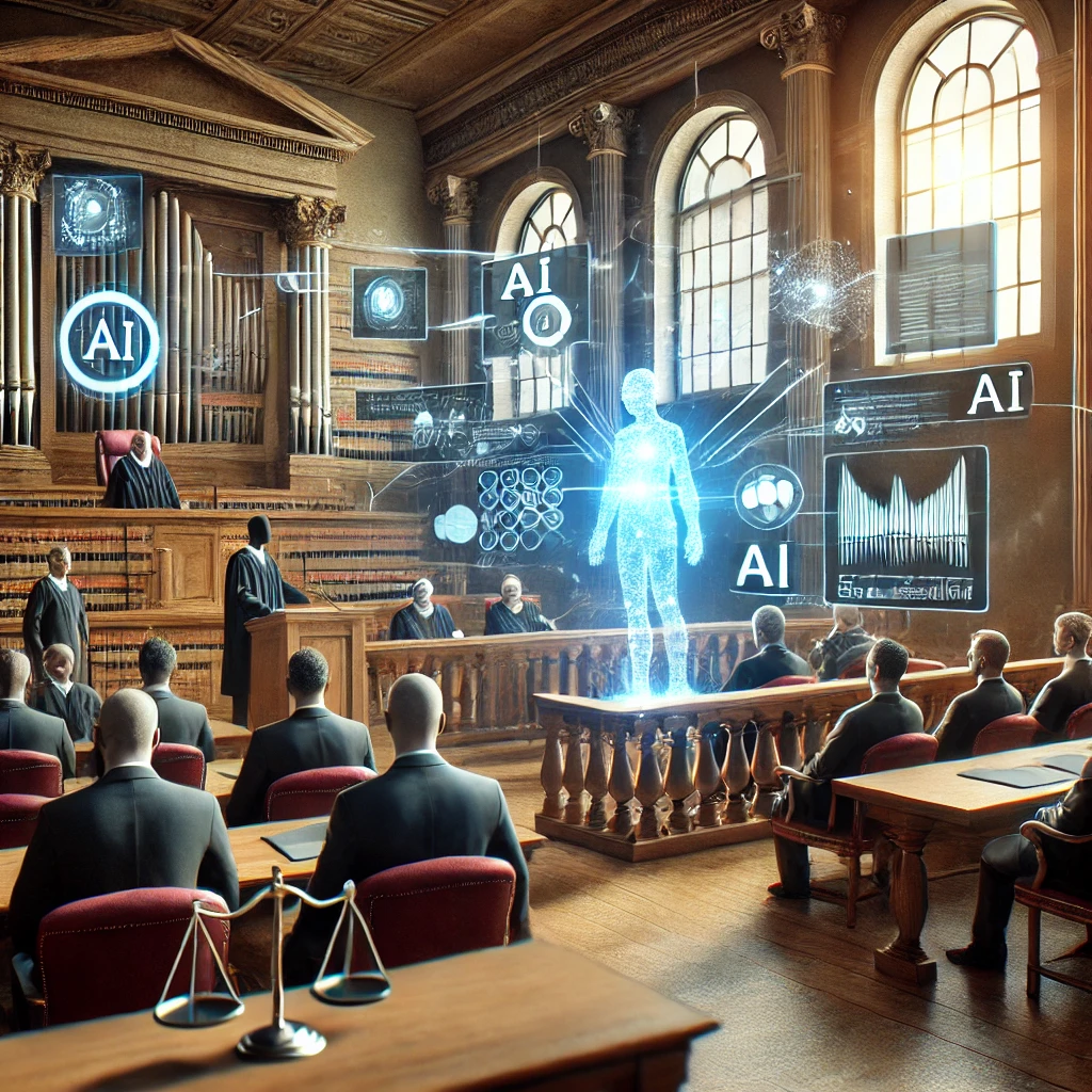 DALL·E 2024-08-26 13.21.52 – A courtroom scene where artificial intelligence is being integrated into a judicial process. The image should depict a judge’s bench with a traditiona